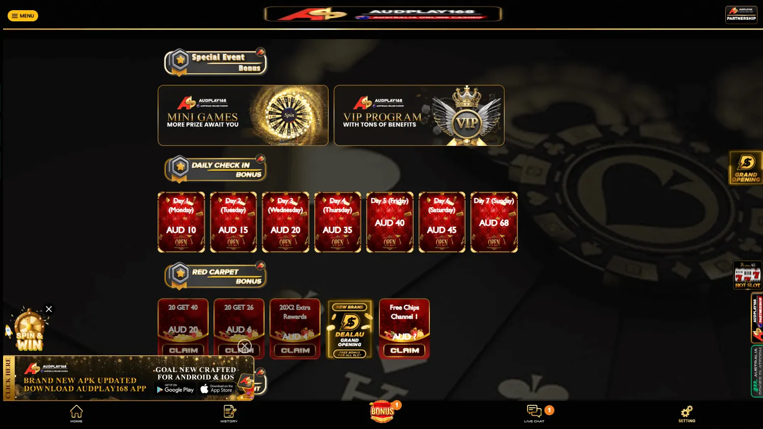 Audplay168 Casino desktop promotions area