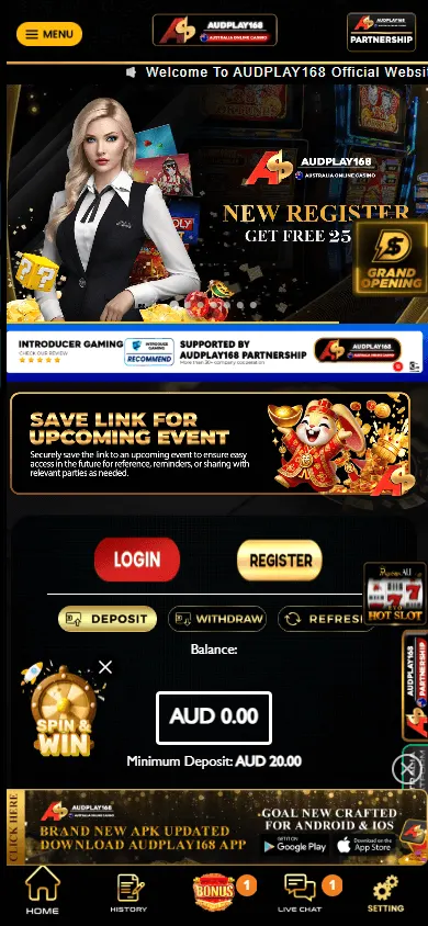 Audplay168 Casino mobile homepage