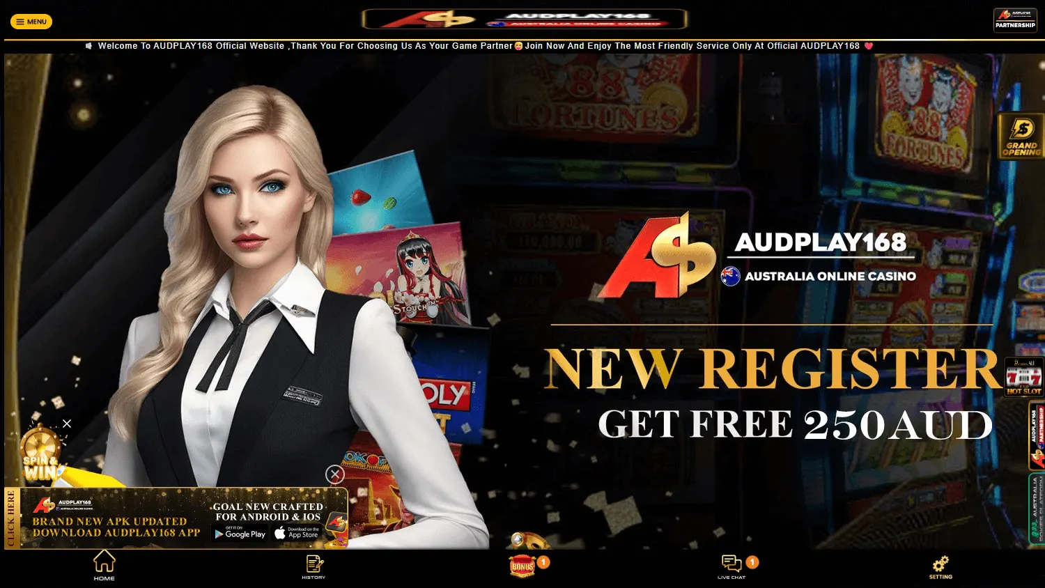 Audplay168 Casino desktop homepage